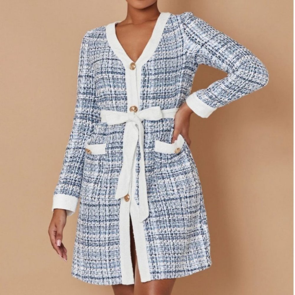 multicolor tweed belted overcoat chic classy elegant fall winter - Picture 3 of 5